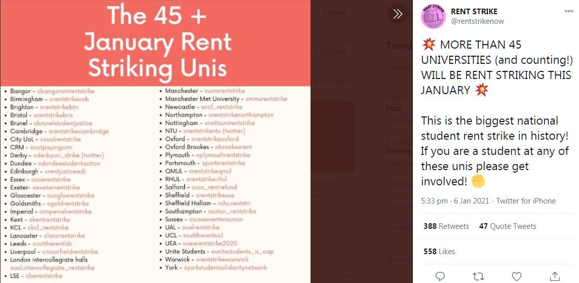 Твит Rent Strike Теперь показывает список университетов, в которых проводятся кампании