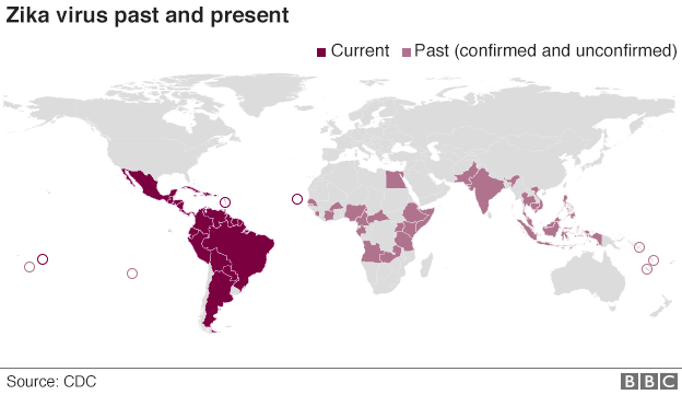 Карта мира, показывающая прошлые и настоящие случаи заражения вирусом Зика