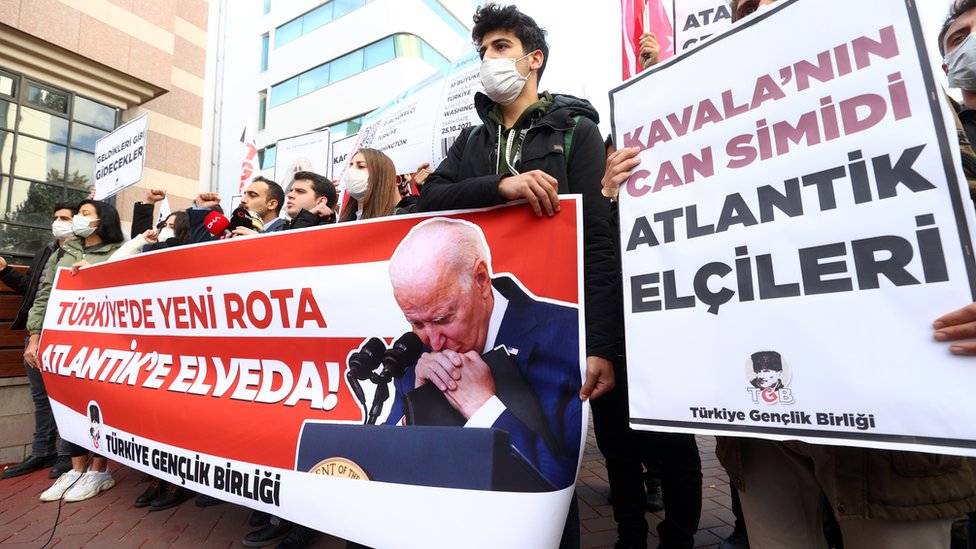 Türkiye Gençlik Birliği'nin Ekim 2021'de, ABD'nin Ankara Büyükelçiliği önünde, yabancı ülke büyükelçilerinin Kavala'nın yargı süreciyle ilgili yorumlarına karşı gerçekleştirdikleri protesto.