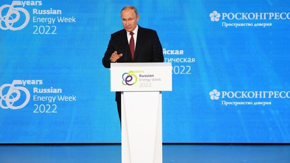 2022年10月12日，俄羅斯總統普京在莫斯科的俄羅斯能源周論壇上發表講話。