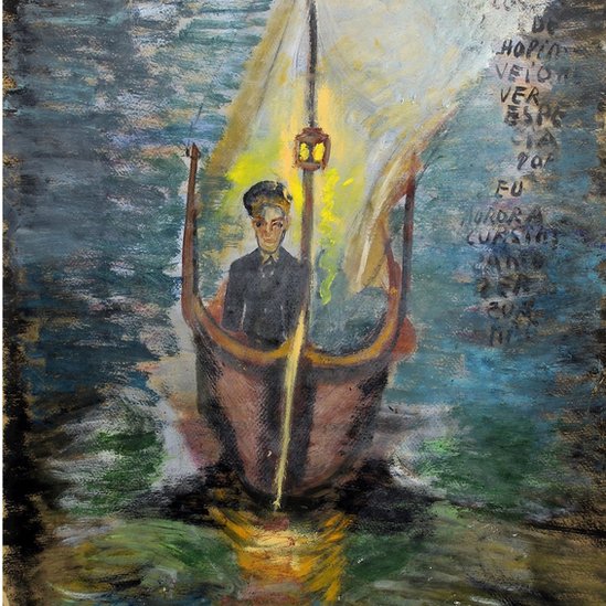 Pintura a óleo mostra mulher dentro de um pequeno barco iluminado por um lampião