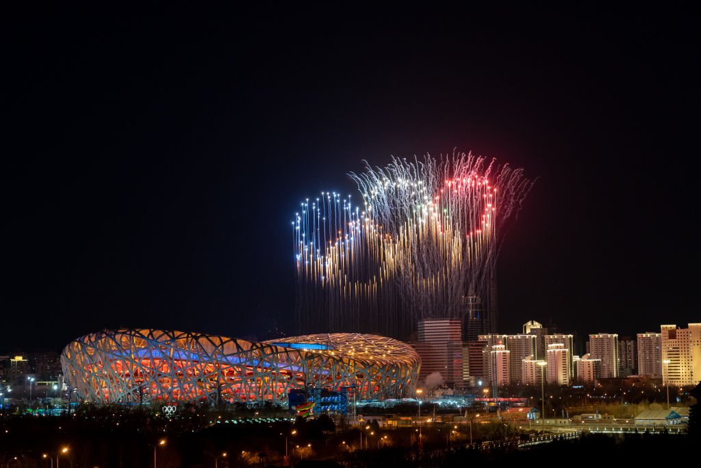 Fireworks form the Olympic rings during the opening ceremony of the 2022 Beijing Winter Olympic Games at the National Stadium in Beijing, 4 February 2022.