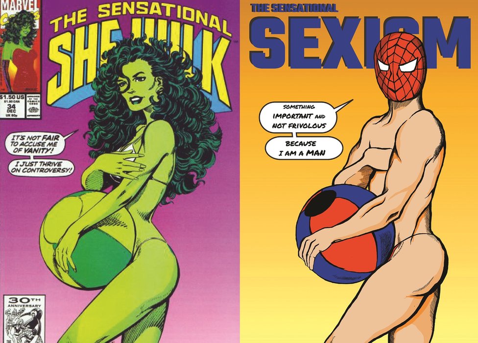 Обложка комикса Шреи Арора, показывающая выпуск The Sensational She-Hulk (слева), с переосмыслением Шрейи Ароры (справа)
