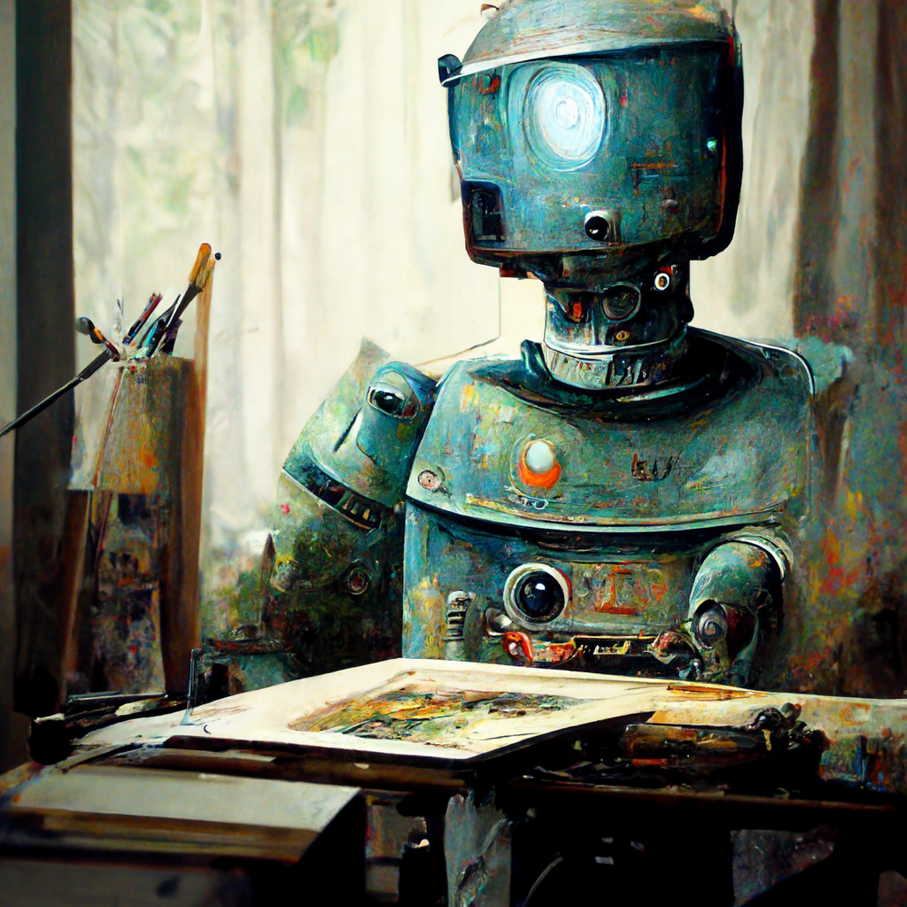 انسان آلي يرسم لوحة فنية "من صنع الذكاء الاصطناعي ميدجيرني"