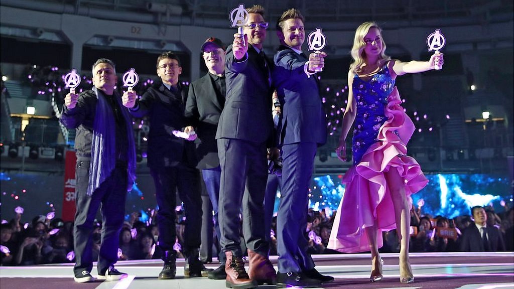 The Avengers cast and crew (L-R): Joe and Anthony Russo, Kevin Feige, Robert Downey Jr, Jeremy Renner and Brie Larson