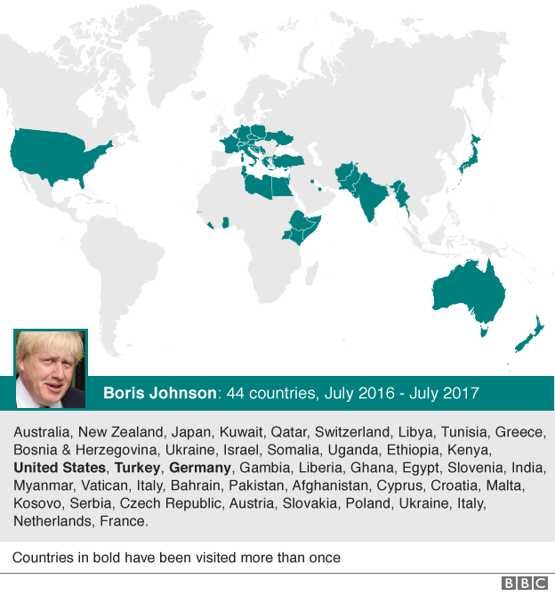 Карта: Страны, которые посетил министр иностранных дел Борис Джонсон с июля 2016 года.