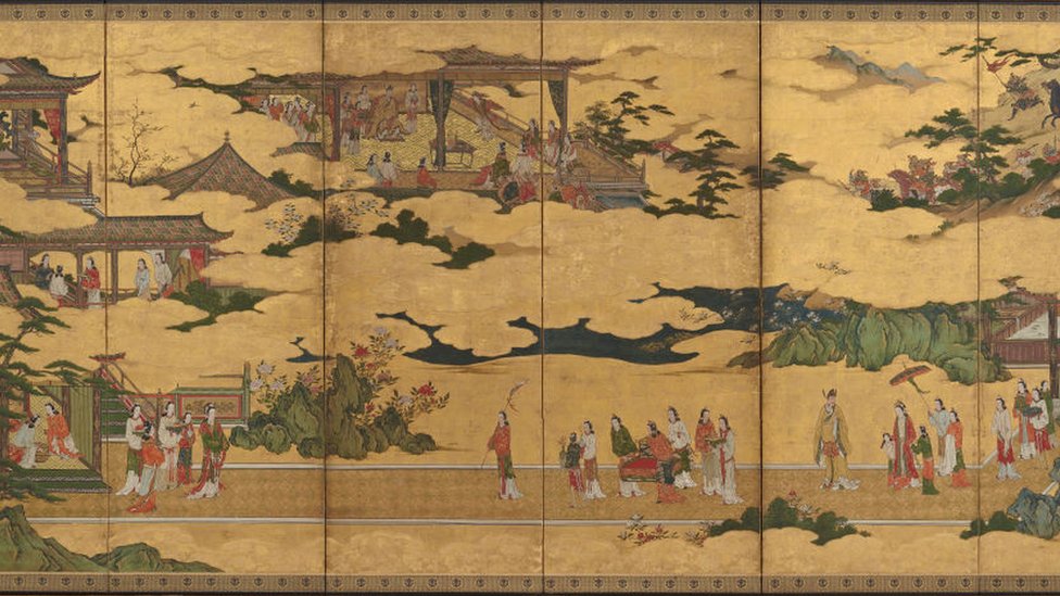Pintura sobre biombo del período Momoyama en Japón inspirado en un poema chino
