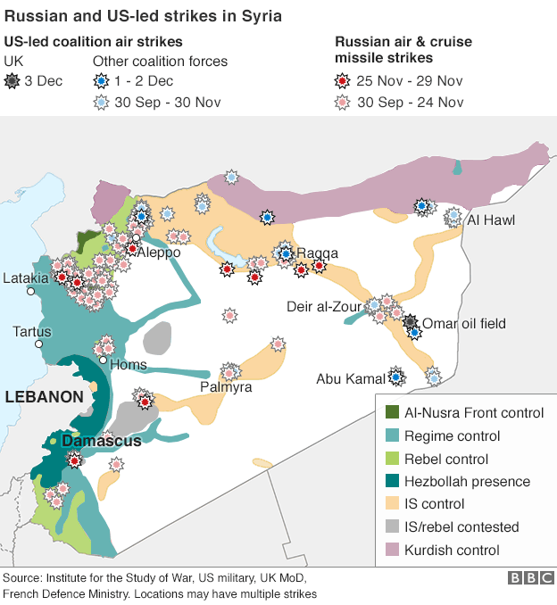 Карта, показывающая удары с воздуха под руководством России и США и тех, кто контролирует районы на земле