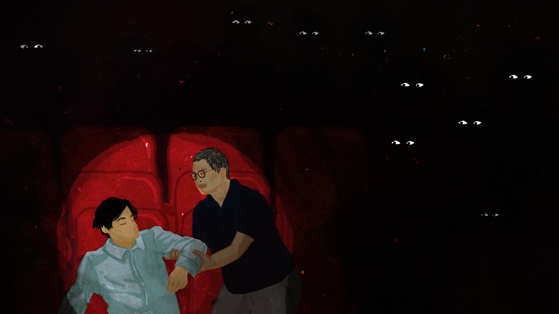 Пакорн заставляет своего сына Данаи встать, пока в кинотеатре звучит королевский гимн.