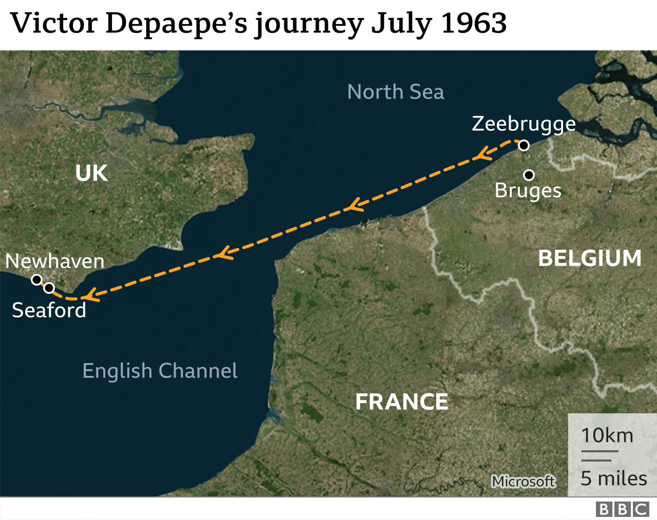 Карта маршрута Виктора Депапе из Зебрюгге в Ньюхейвен в июле 1963 года