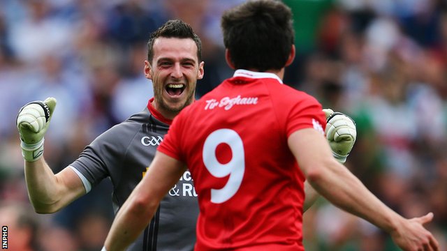 Niall Morgan and Mattie Donnelly celebrate after Mickey Harte's Tyrone beat Monaghan in the All-Ireland SFC quarter-final