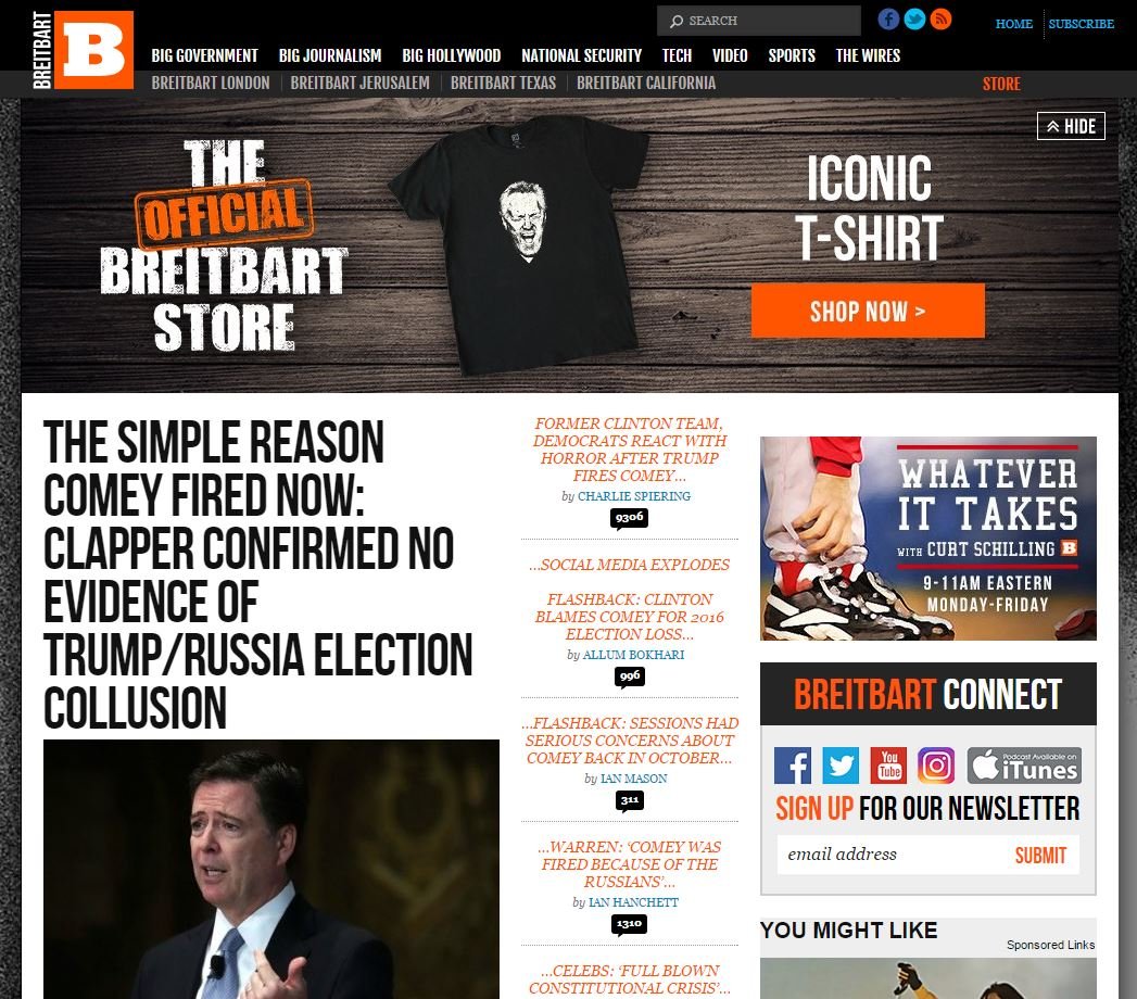 Снимок экрана с заголовками «Коми уволен» в новостях Breitbart