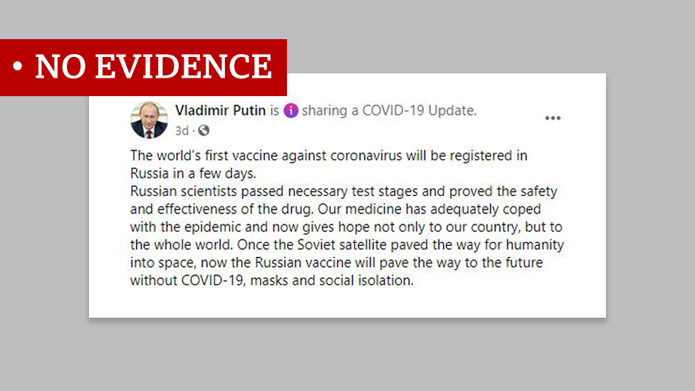 A post from a President Putin fan page on Facebook with the message: "Once the Soviet satellite paved the way for humanity into space, now the Russian vaccine will pave the way to the future without Covid-19, masks and social isolation." Labelled "no evidence"