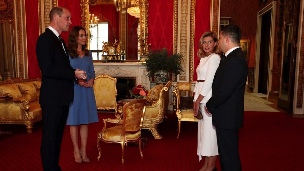 Prince William, Duke of Cambridge and Catherine, Duchess of Cambridge meet Ukraine's President Volodymyr Zelensky and his wife Olena during an audience at Buckingham Palace on October 7, 2020 in London, England
