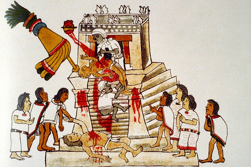 Sacerdote azteca que realiza la ofrenda sacrificial del corazón de un humano vivo al dios de la guerra Huitzilopochtli. Codex Magliabechi Siglo XVI, azteca.