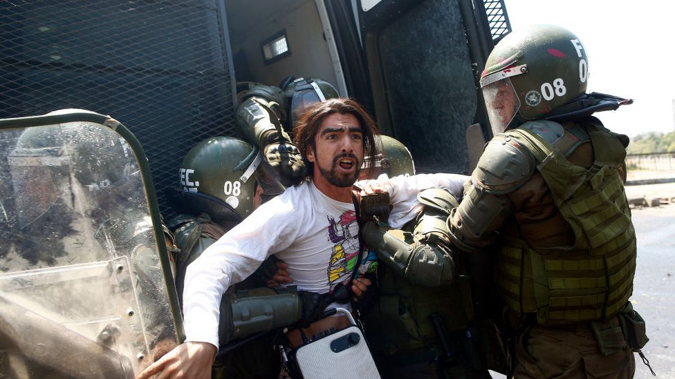 Joven manifestante detenido por las fuerzas militares.