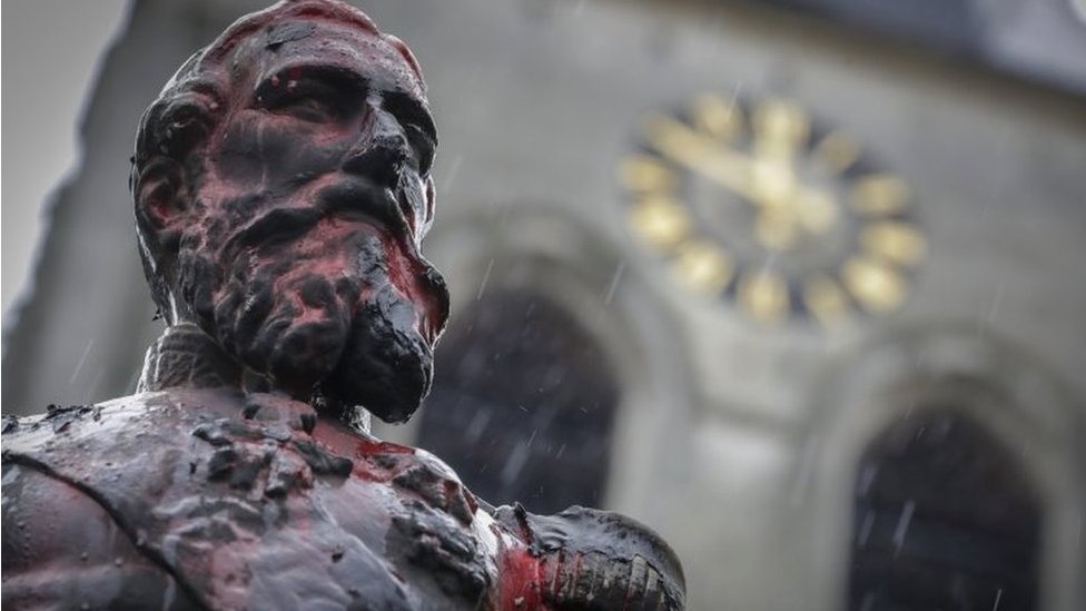 Defaced statue of King Leopold II in Antwerp, 5 June 2020
