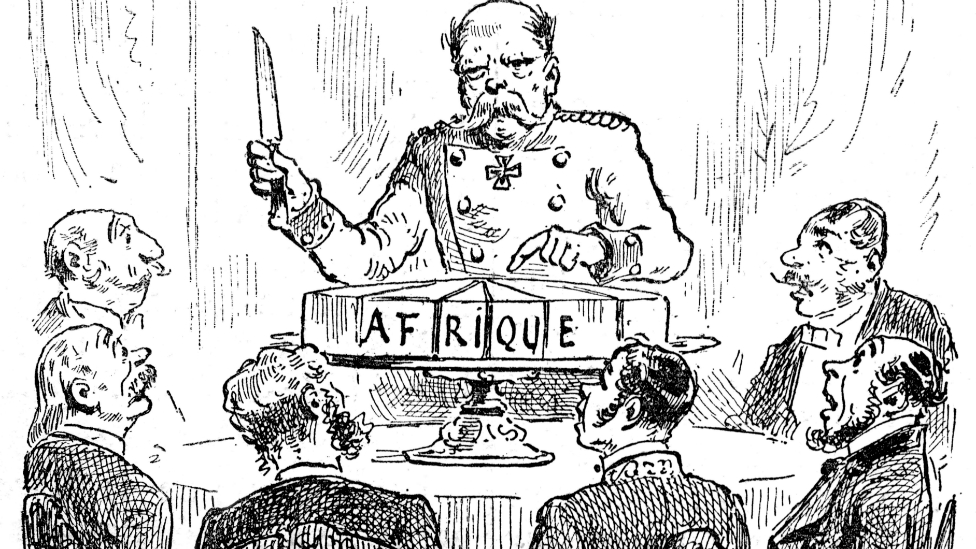 Французский комментарий к Берлинской конференции 1884-1885 годов: Отто фон Бисмарк, тогдашний канцлер Германии, изображен здесь с ножом над нарезанным тортом с надписью «Африка». Его коллеги-делегаты за столом с трепетом наблюдают за происходящим.