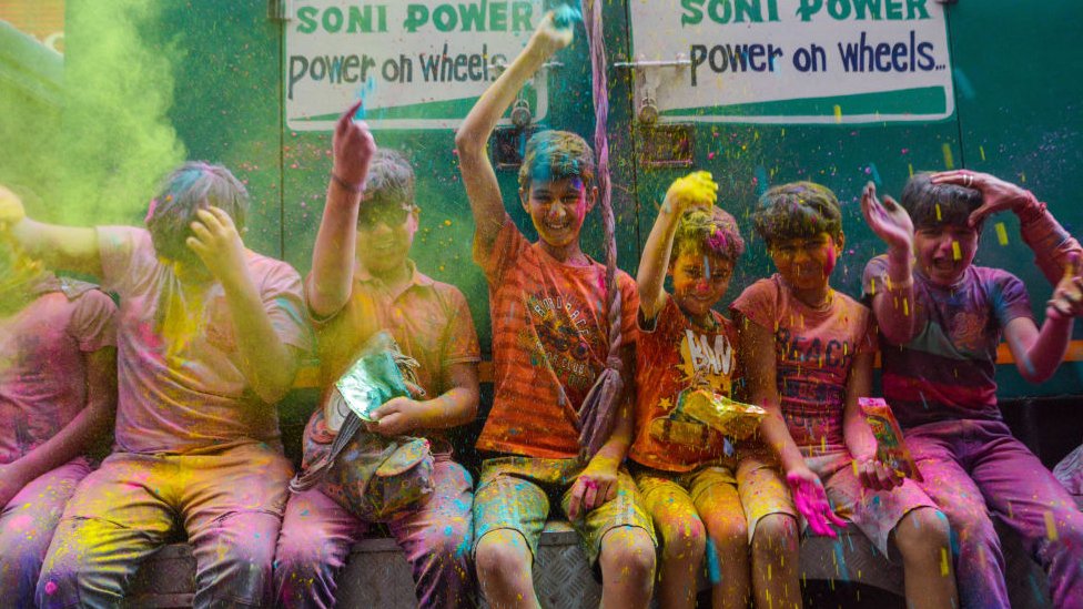 Children's are seen celebrating the festival of Holi in Kolkata , India , on 5 march 2023 ,with colored powder called ''Abir'' . Holi , also known as festival of colors is a Hindu festival is held to celebrate the arrival of Spring in India.