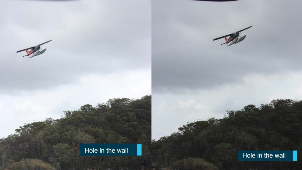 Фотография свидетеля, показывающая самолет над местом в реке с надписью «Дыра в стене»
