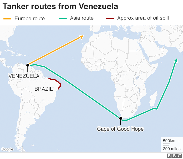 Карта танкерных маршрутов из Венесуэлы в Азию и Европу