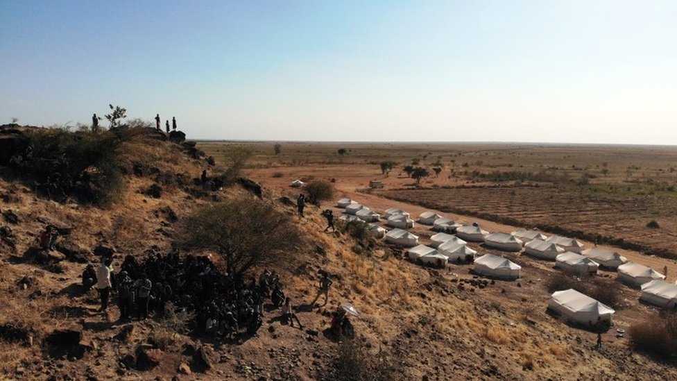 A picture taken by a drone shows an aerial view of the Um Rakuba refugee camp which houses Ethiopians fleeing the fighting in the Tigray region