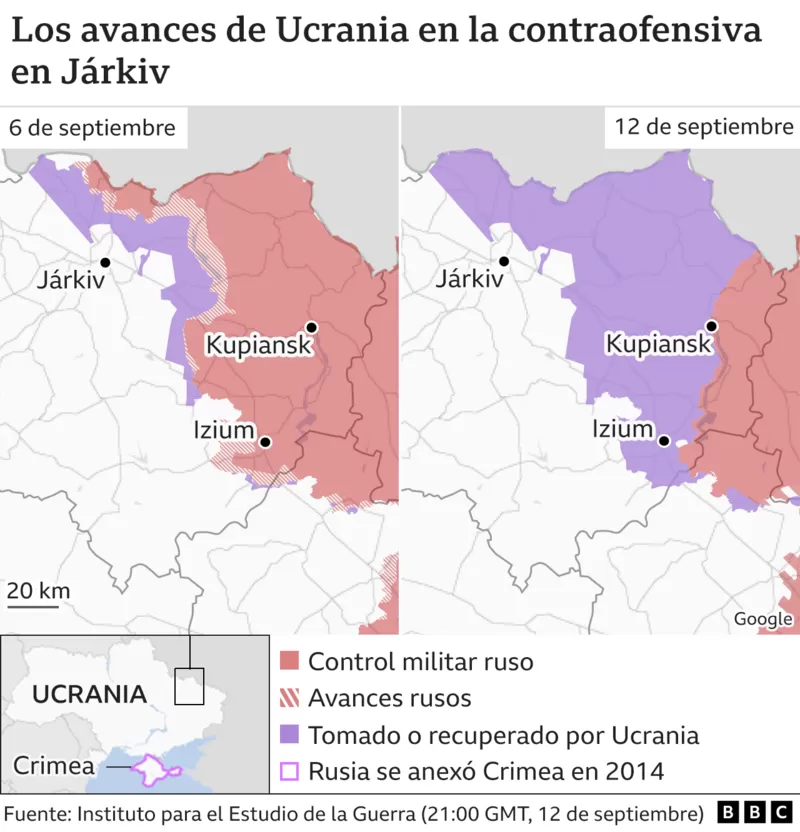 Mapa que muestra el avance de las tropas ucranianas en el este del país entre el 6 y el 12 de septiembre