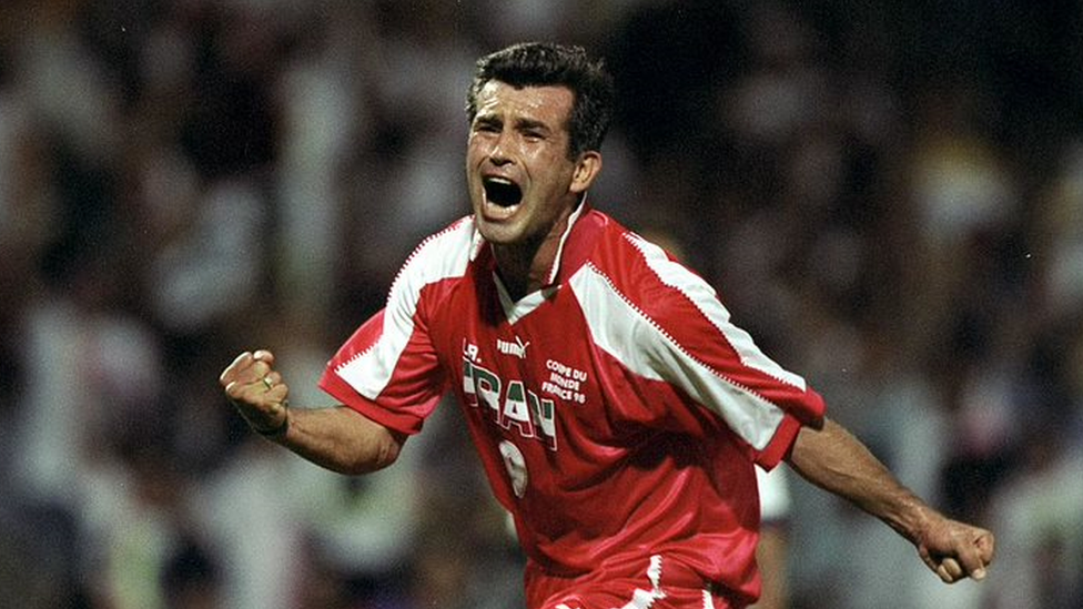 Hamid Estili of Iran celebrates a goal against the US in the 1998 World Cup