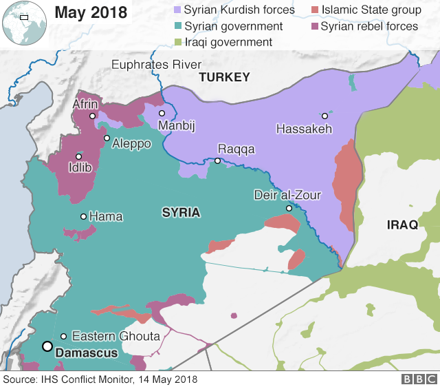 Карта, показывающая контроль над Сирией 14 мая 2018 года