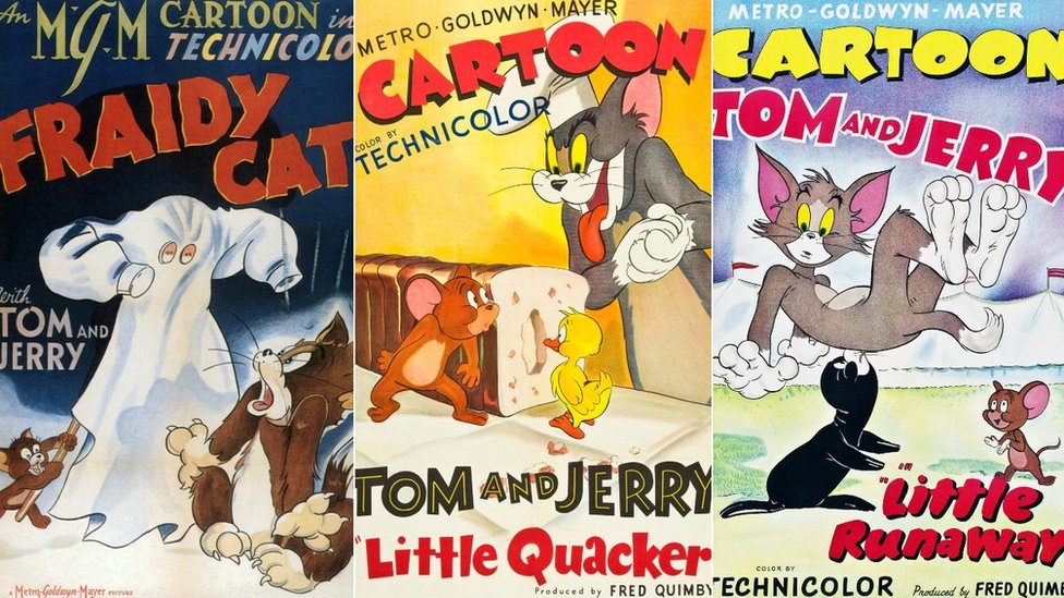 Tiga poster awal Tom dan Jerry di tahun-tahun awal mereka (dari kiri ke kanan): Fraidy cat, Little Quacker dan Little Runaway.