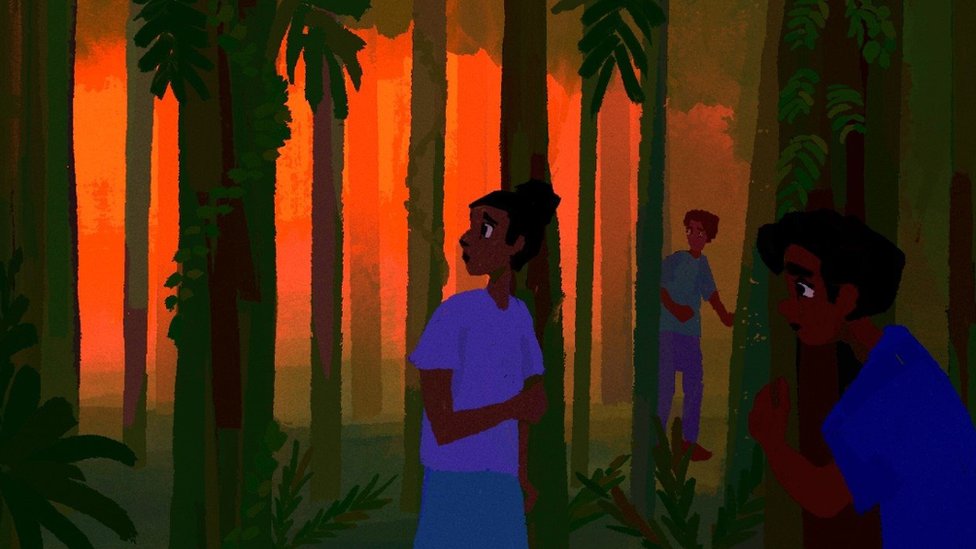 Una ilustración en la que gente está escondiéndose en la selva