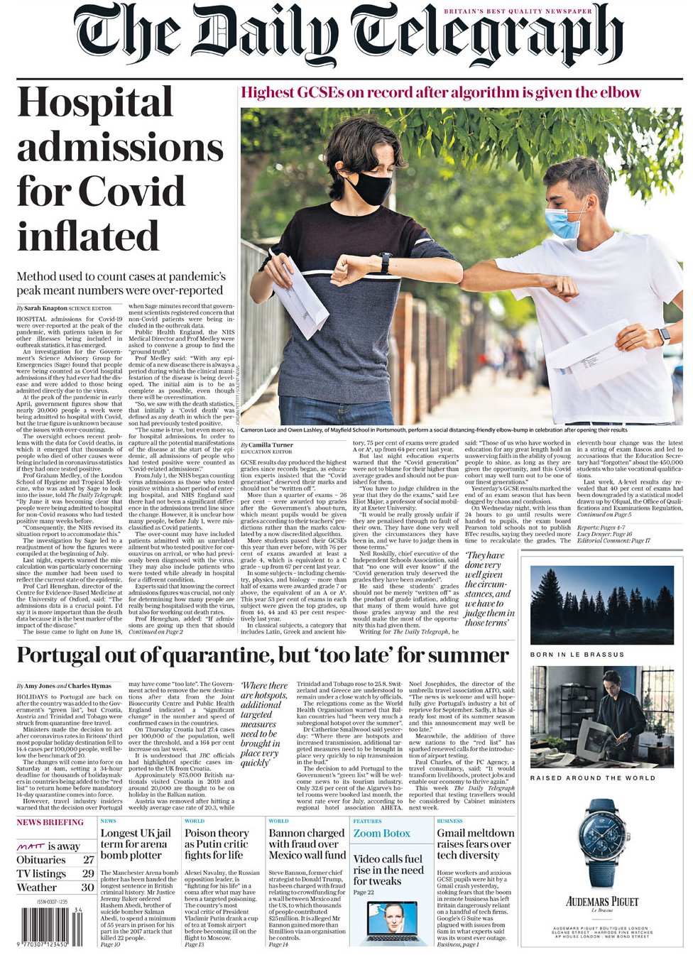 The Daily Telegraph front page 21 August