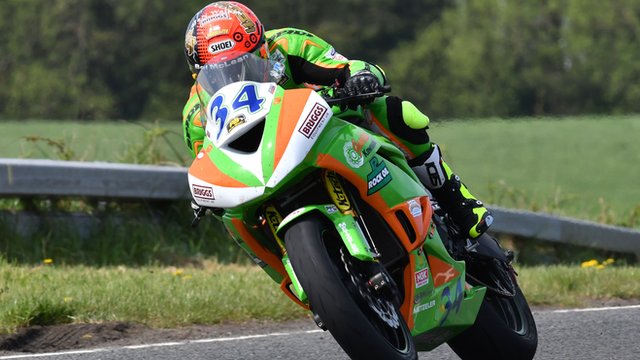 Alastair Seeley on his Supersport machine during Tuesday's practice at the North West 200