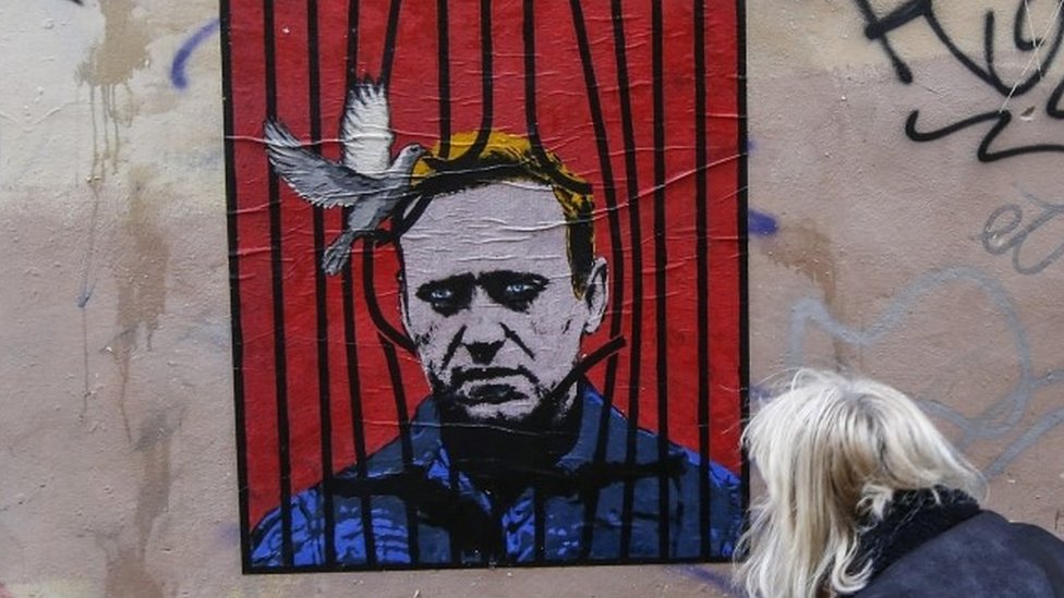 A view of a large poster depicting Russian opposition leader Alexei Navalny