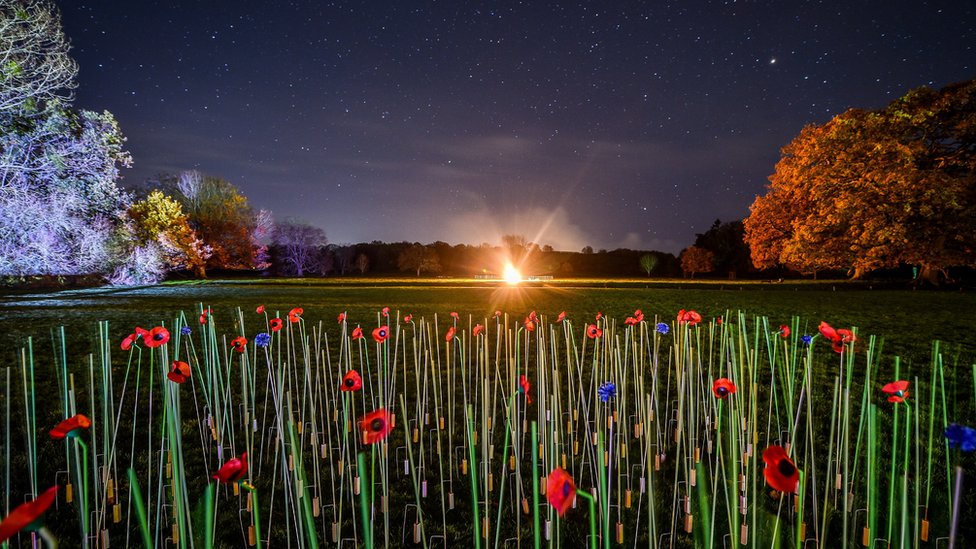 A beacon burns bright at Barrington Court in Somerset - one of more than 1,000 lit across the UK