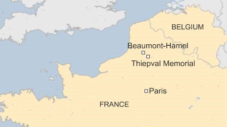 Карта Франции с военными мемориалами Бомон-Амель и Тьепваль