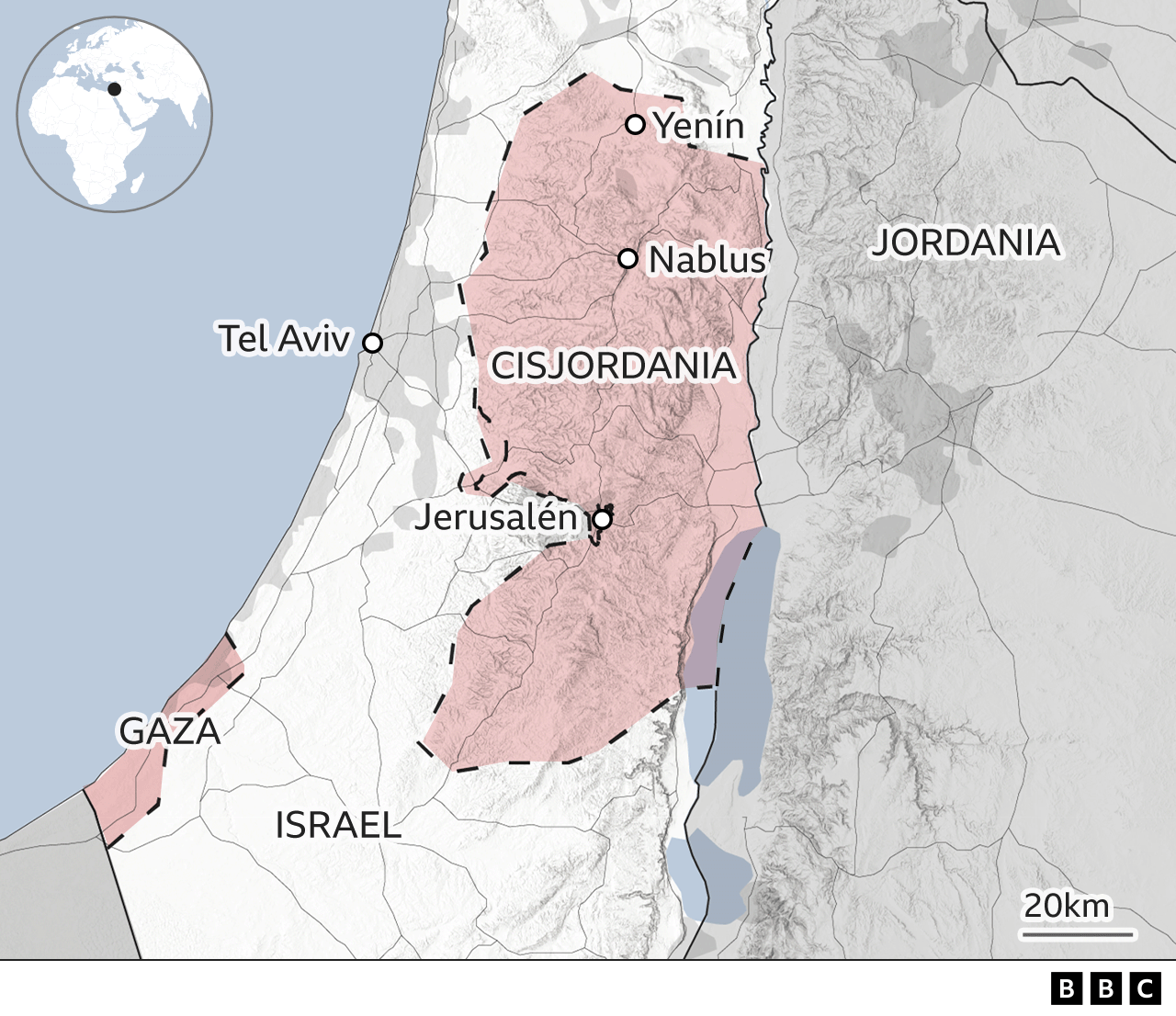 Mapa de la región de Cisjordania.