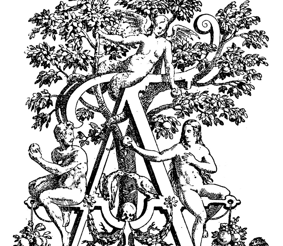 Antigua ilustración de Lilith, con cola de serpiente, con Adán y Eva.