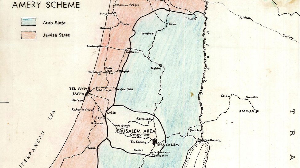 Imagen del mapa original de esquema Amery para la división de Palestina en dos estados: uno judío y otro árabe. (FOTO: Archivos centrales sionistas) Imagen del mapa original de esquema Amery para la división de Palestina en dos estados: uno judío y otro árabe. (FOTO: Archivos centrales sionistas)