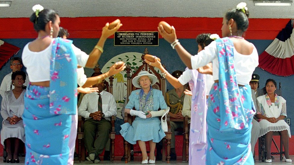 Local dancers perform for the Queen in Punta Gorda, Belize, 1994