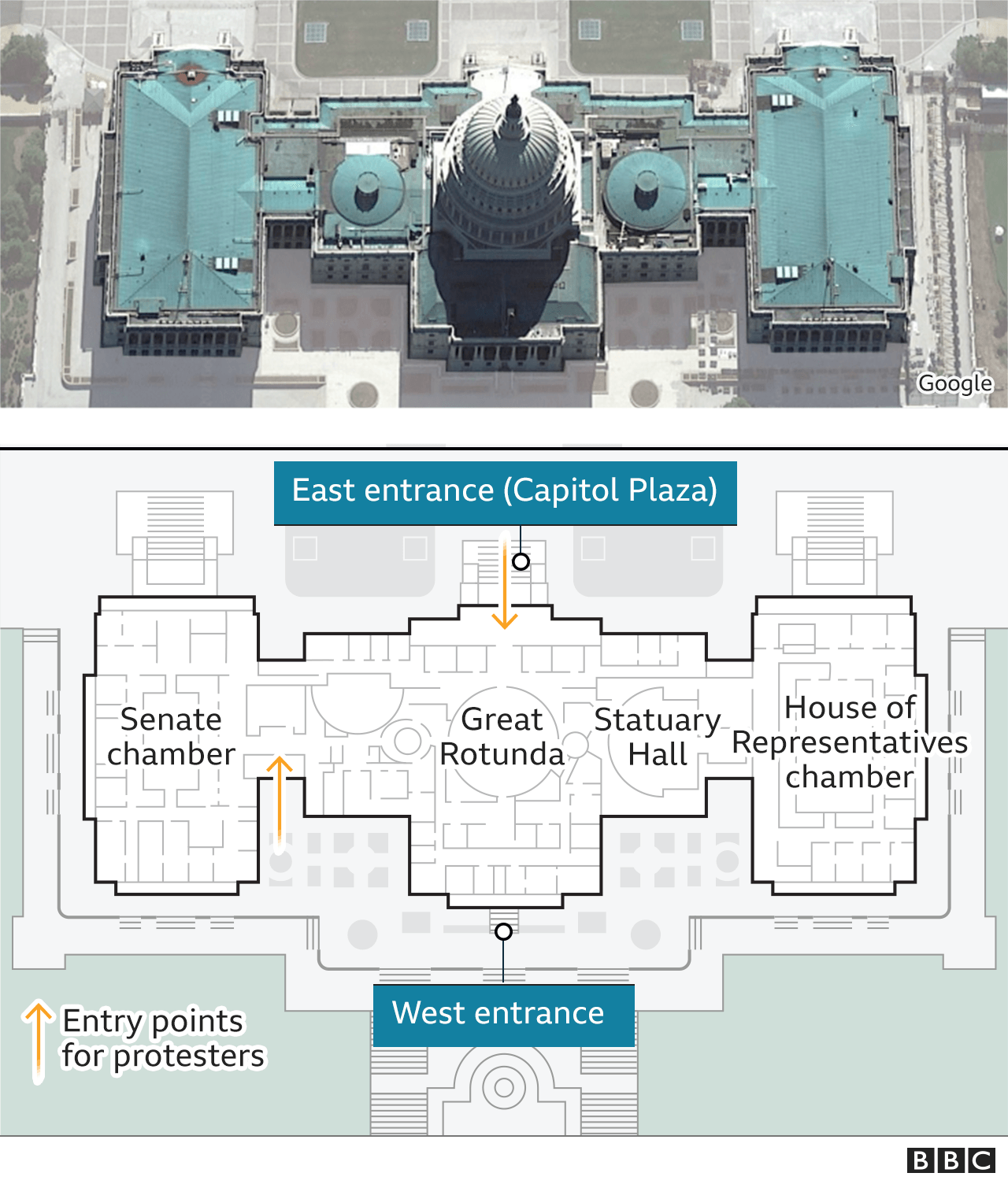 Mapa que muestra ubicaciones clave en el edificio del Capitolio