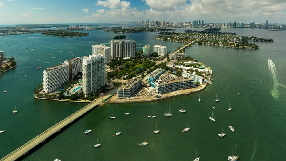 An aerial view of Venetian Islands off the coast of Miami in Florida, US