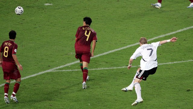 Bastian Schweinsteiger scores against Portugal