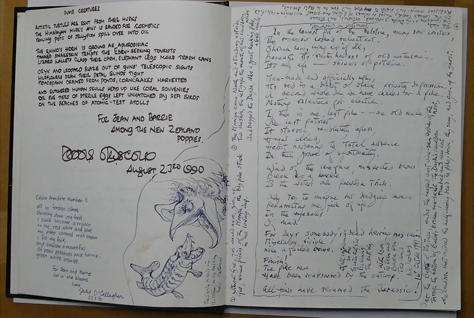 Карикатура Теда Хьюза, на которой Морригу ест Дагду, вместе с примечаниями и стихотворением «Тренчфорд на Дартмуре» (1990-92) в гостевой книге Барри Кука