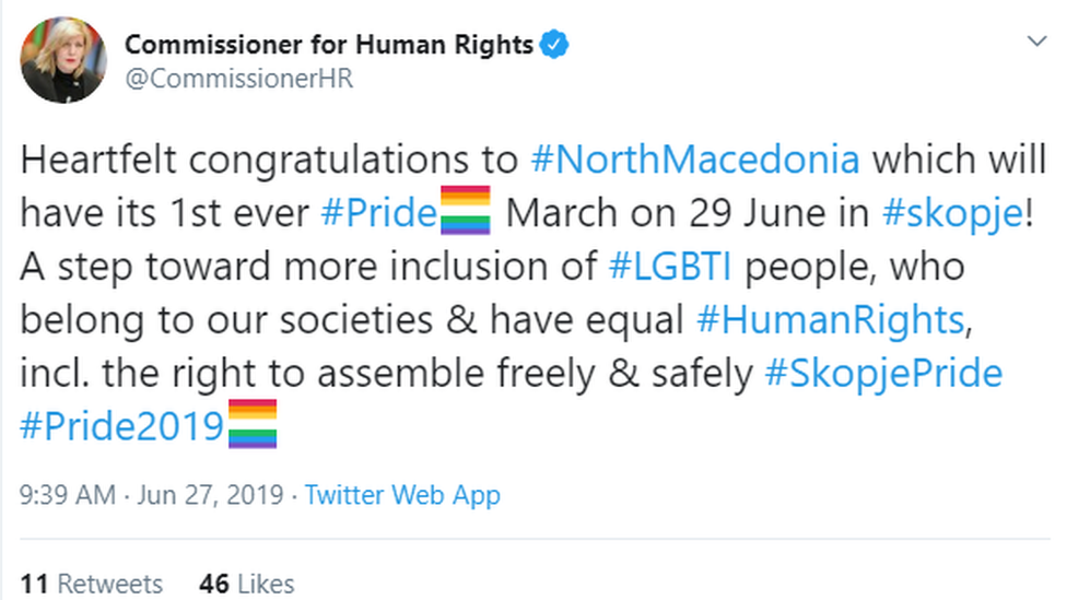 Комиссар Совета Европы по правам человека Дуня Миятович поздравляет Скопье Прайд в Twitter, июнь 2019 г.