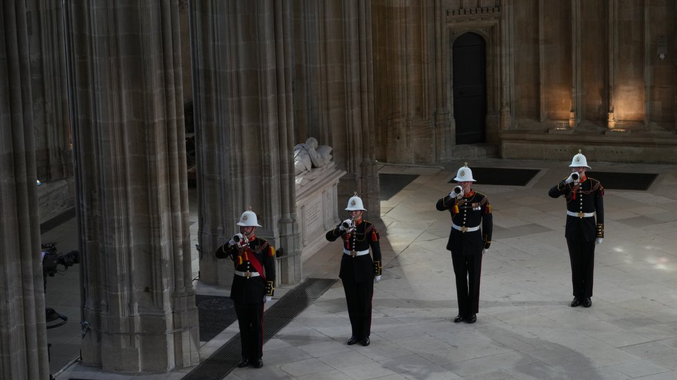 Buglers of the Royal Marines during the funeral of the Duke of Edinburgh in St George's Chapel