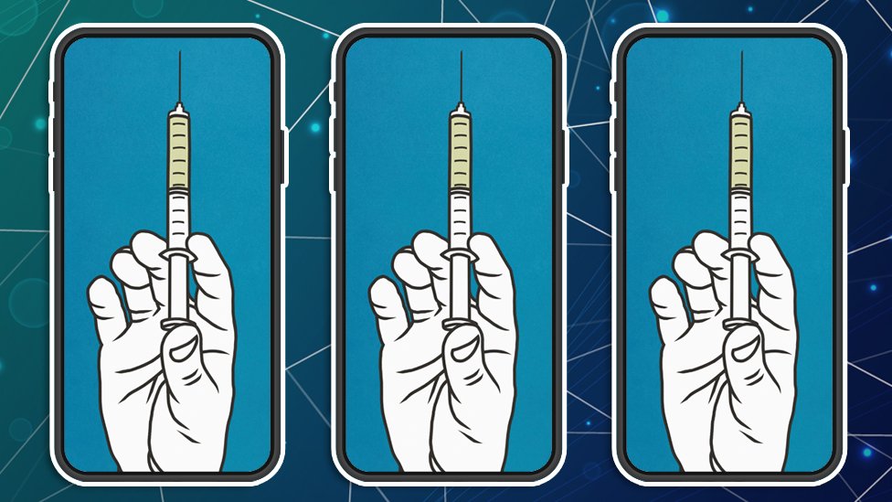 На графике показаны мобильные телефоны, на каждом из которых изображена рука со шприцем