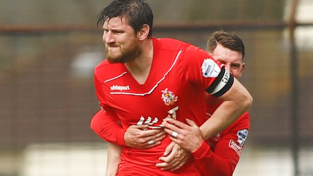 Portadown's Ken Oman celebrates his goal against Ballymena United