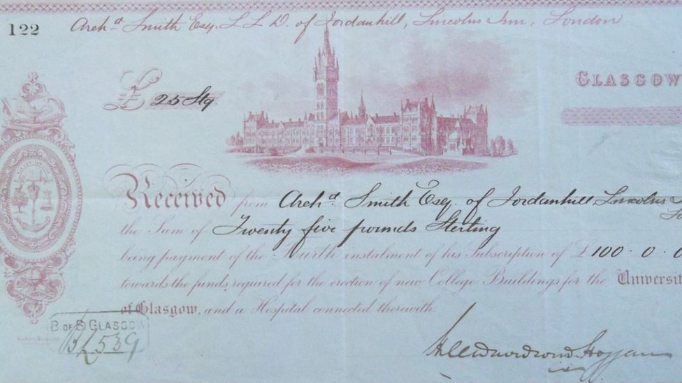 Пожертвование 100 фунтов стерлингов Арчибальдом Смитом II университету Глазго в 1870 году