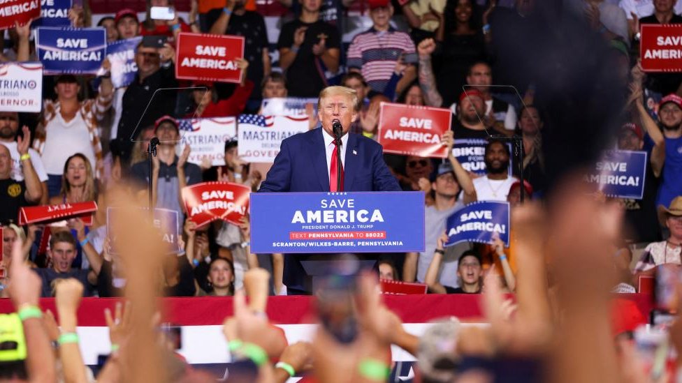 Former U.S. President Donald Trump speaks during a rally in Wilkes-Barre, Pennsylvania, U.S., September 3, 2022.